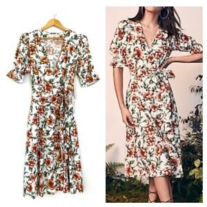 Happy X Nature Teagarden Floral Puff Sleeve Linen Wrap Midi Dress Small Coquette